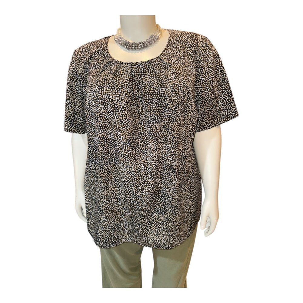 Maggie Barnes/Catherines Black/Tan/Gray Short Sleeve Pleated Floral Top 2X